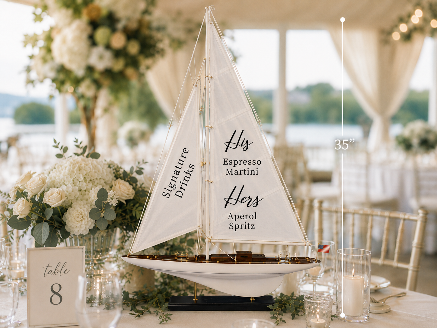 Sailboat Wedding Sign 35" — handcrafted Signature Drinks Signs for coastal & beach weddings by Shoreline Bride, Boston MA